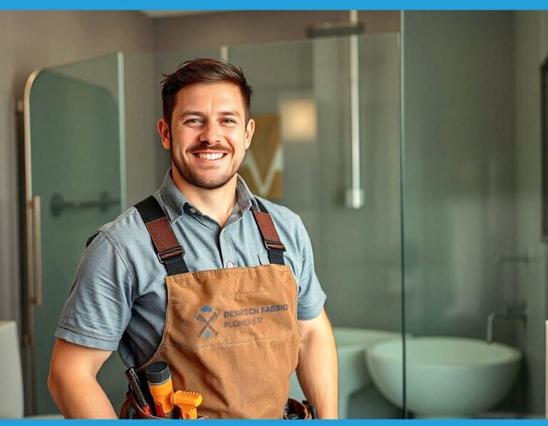 Plombier souriant en tenue de travail avec des outils, représentant l’équipe professionnelle de Desrech Fabbio Plombier Paris 19.